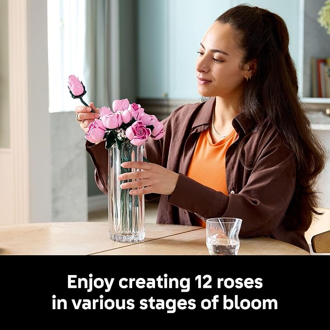 LEGO Botanicals Bouquet of Pink Roses Artificial Flowers - Building Blocks for Adults, Ages 18+ - Flowers for Home Office, Shelf or Room Decor - Gift for Women & Men - 10374