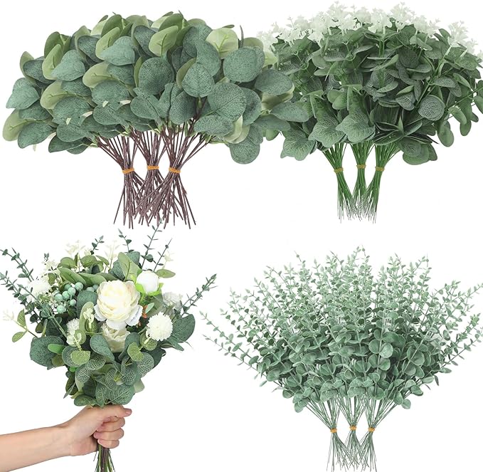 Giegxin 1000 Pcs 3 Kinds Mixed Eucalyptus Leaves Stems Bulk Artificial Silver Dollar Leaves Picks Dried Eucalyptus Bundle Faux Spray for Wedding Vase Bouquet Floral Arrangement (Green)