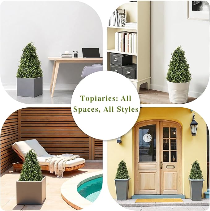 30" Artificial Boxwood Topiary Trees Outdoor Set of 2 - UV Resistant Faux Plants for Front Porch Outside Planter, Realistic Fake Cone-Shaped Bushes & Shrubs 2.5ft