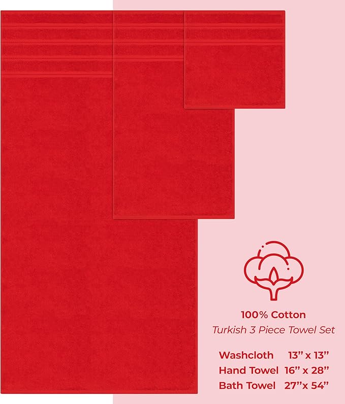 American Soft Linen Premium 3 Piece Towel Set, 1 Bath Towel 1 Hand Towel 1 Washcloth, 600 GSM 100% Cotton Turkish Towels for Bathroom, Red Towel Set