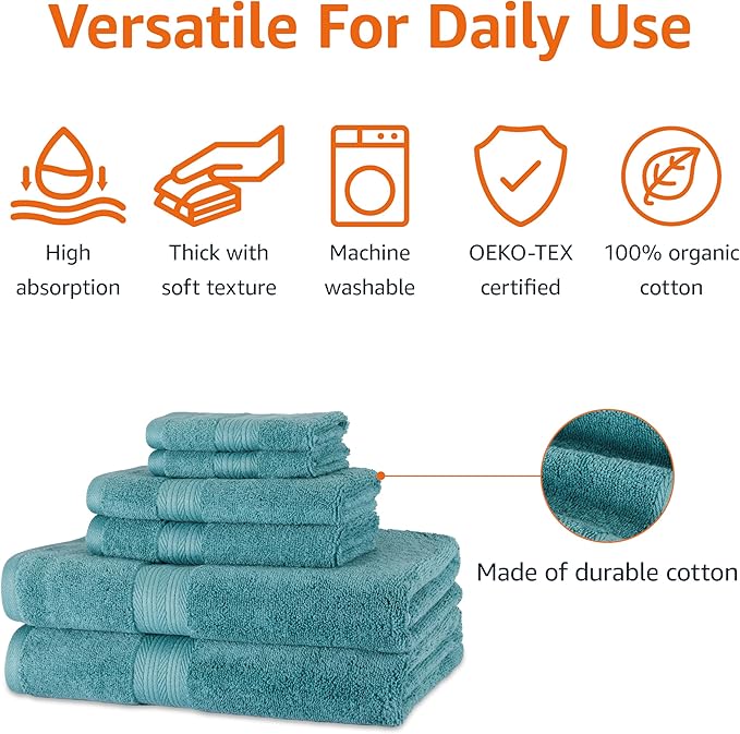 Amazon Basics Fade Resistant Bath, Hand and Washcloth Towel Set, 100% Cotton, Set of 6, 30 x 54 inches, Teal Green