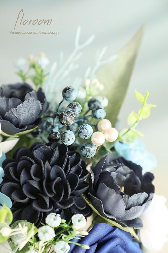 Floroom Artificial Greenery Stems Box Set, 59pcs with 7 Kinds of Faux Greenery Flowers Picks for DIY Bridal Bouquets Wedding Floral Arrangement Table Centerpieces, Blue & White