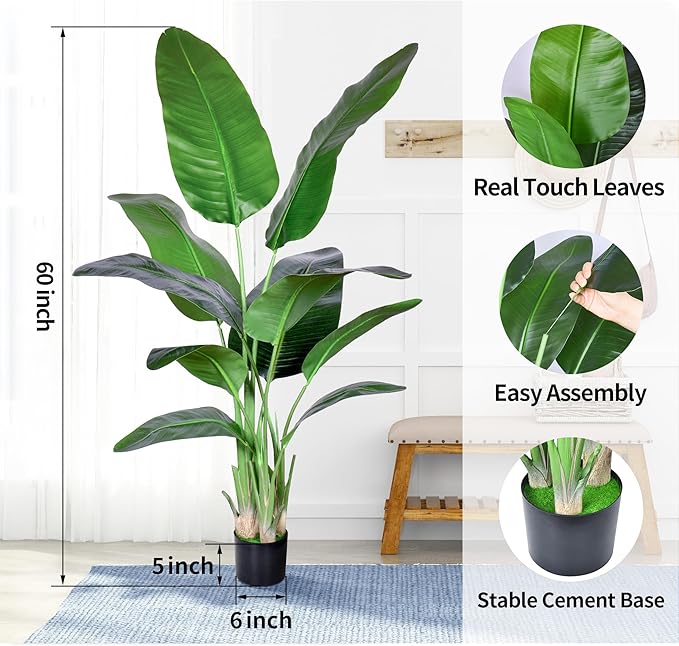 2Packs 5FT Artificial Bird of Paradise Plant,Faux Palm Tree Potted Plant with Real Touch Leaves,Fake Trees for Home Living Room Office Indoor Outdoor Decor(5 FT-2Packs)