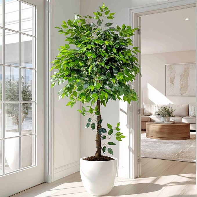 5ft Artificial Ficus Tree for Home Decor, Faux Silk Plants Faux Plant Fake Silk Trees with Pot for Indoor House Living Room Office Garden
