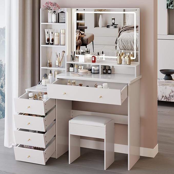 41" Vanity Desk with Mirror and Lights, Makeup Table with Led Mirror, 3 Lighting Colors, Vanity Set with Drawers and Stool for Bedroom, White