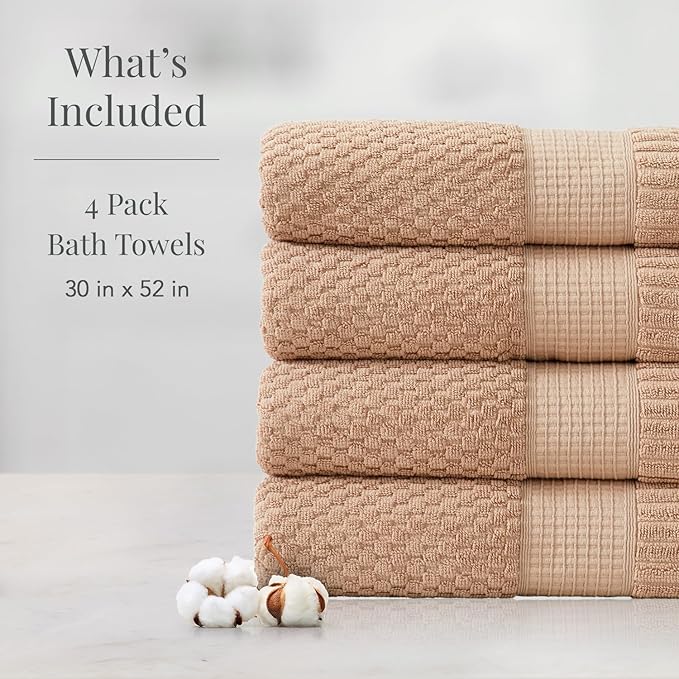 NY Loft 100% Cotton 4 Pack Bath Towel Set| Super Soft & Absorbent Quick-Dry Bath Towels 30" x 52" |Textured and Durable Cotton | Trinity Collection (4 Pack, Light Taupe)