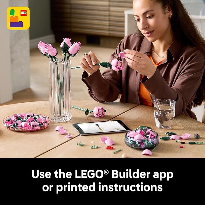 LEGO Botanicals Bouquet of Pink Roses Artificial Flowers - Building Blocks for Adults, Ages 18+ - Flowers for Home Office, Shelf or Room Decor - Gift for Women & Men - 10374