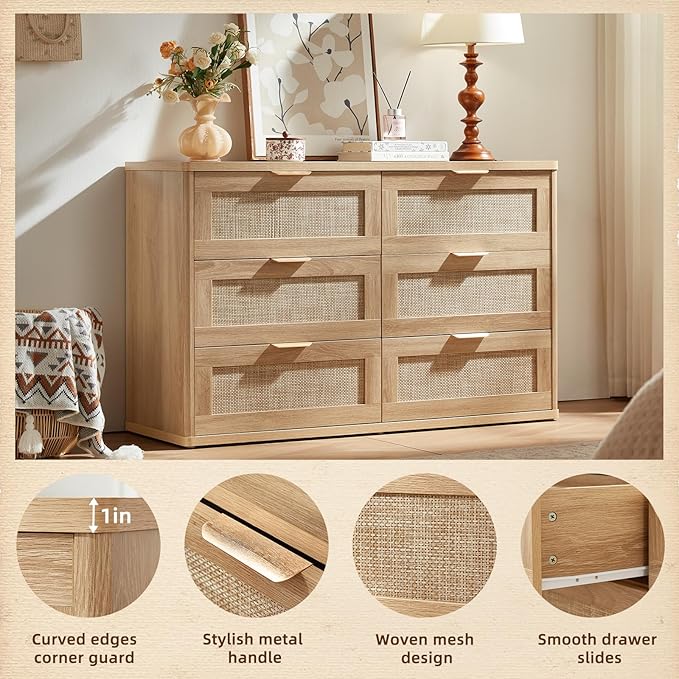LEYAOYAO Rattan 6 Drawer Dresser for Bedroom, Boho 48" Wide Natural Wood Dresser Chest of Drawers, Dressers TV Stand with Metal Handle, Storage Dressers Closet Organizer for Living Room, Hallway