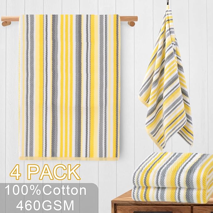 Quick Dry Bath Towels for Bathroom, 4 Pack 28"x52" - 100% Cotton | Soft | Absorbent | Lightweight, Bath Towels with Hanging Loops, Luxury Towel Set for Showering & Guset, Yellow and Gray Stripe