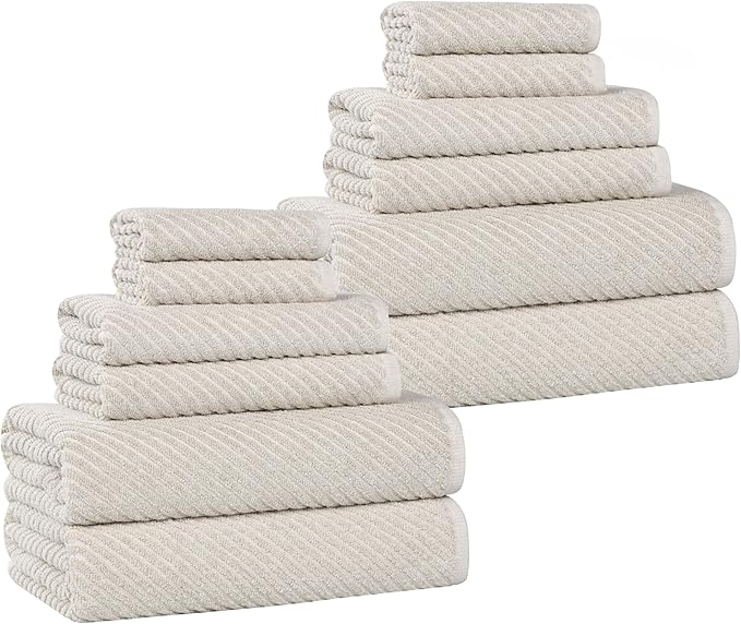 Superior Amelia Viscose Cotton Blend Medium Weight Towels, for Bathroom, Shower, Spa, Plush, Quick Dry, Ultra-Soft Towels, Bath Essentials, Ribbed Design, 12 Piece Assorted Towel Set, Beige
