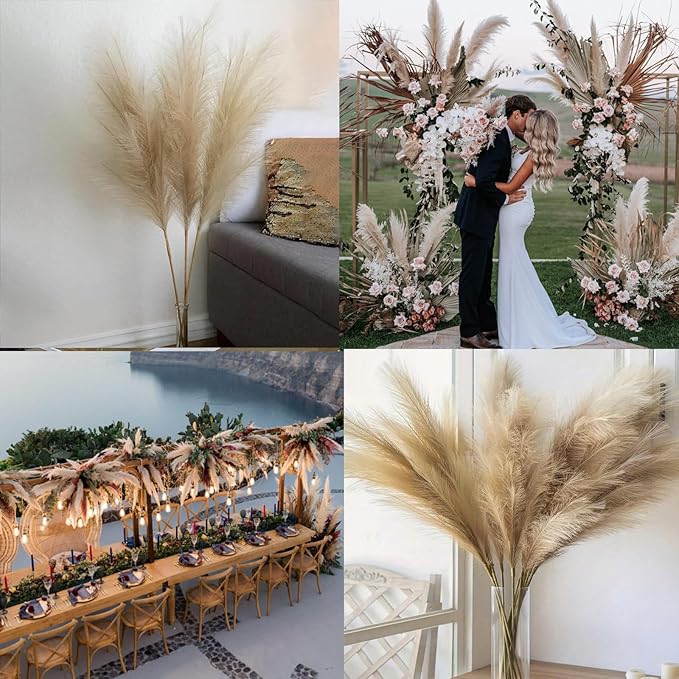 38" 10 Stems Faux Pampas Grass Decor - Tall Pampas Grass for Floor Vase Fluffy Artificial Pampas Grass for Boho Home Wedding Mothers Day Decoration（Brown）