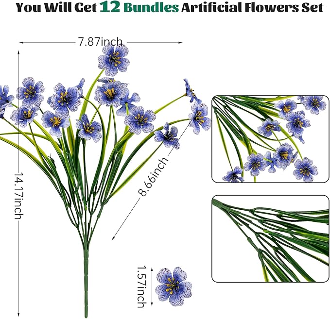 Lnoicy 12 Pcs Artificial Flowers for Outdoor,Plastic Flowers Decoration, UV Resistant Faux Flowers Shrubs, Artificial Plants for Indoor Outside Garden Home Wedding Farmhouse(Blue)