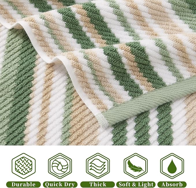VOOVA & MOVAS Green Striped Towels - 100% Cotton, Quick Dry, Soft & Absorbent, 6PC Cotton Towels Set (Wash Cloth 13"x13"), Luxury Towel Set for Bathroom, Sage and Beige