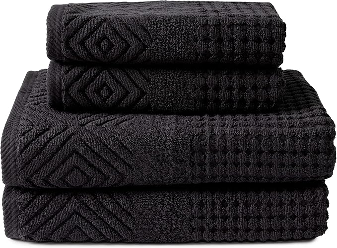 Texere 100% Organic Cotton Diamond Jacquard 700 GSM Luxury Bath Towel Sets - Ultra Soft and Absorbent Hotel and Spa Quality (Diamond, Black, 2 Bath & 2 Hand Towels)