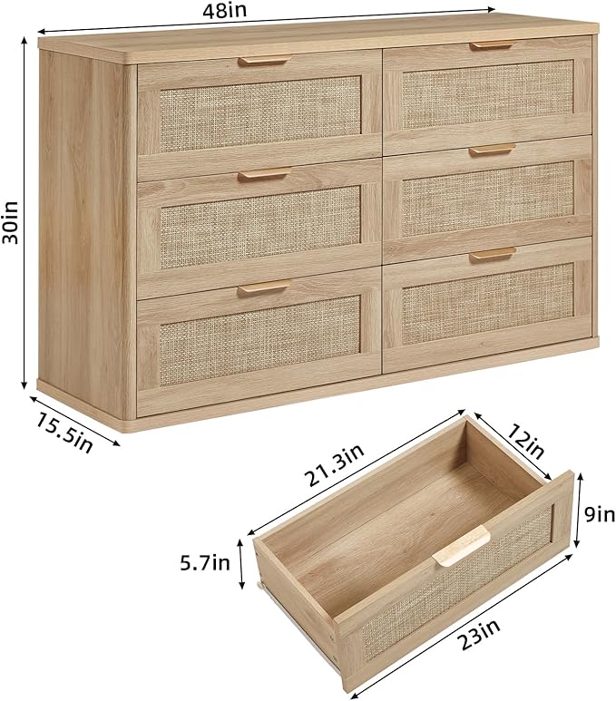 LEYAOYAO Rattan 6 Drawer Dresser for Bedroom, Boho 48" Wide Natural Wood Dresser Chest of Drawers, Dressers TV Stand with Metal Handle, Storage Dressers Closet Organizer for Living Room, Hallway