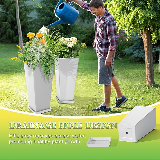 Set of 2 Tall Planters, 24" Large Indoor Outdoor Flower Pots with Tray, Modern Tapered Planters for Porch, Patio, Garden, Backyard(White)