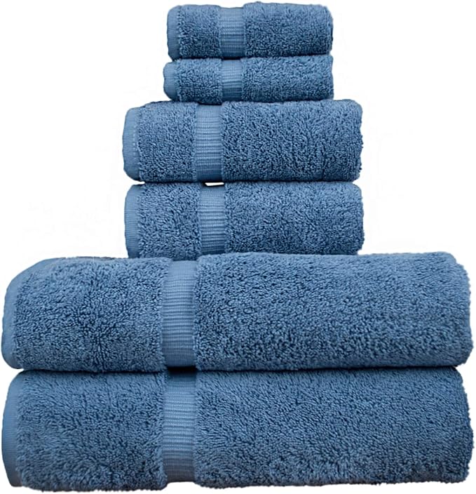 Luxury Hotel & Spa Collection, Quick Dry 100% Turkish Cotton, 700 GSM, Eco Friendly Towel, Bathroom and Kitchen Dobby Border Towels, 2-Bath Towel, 2-Hand Towel, 2-Washcloth-Bundle Set of 6, Wedgewood
