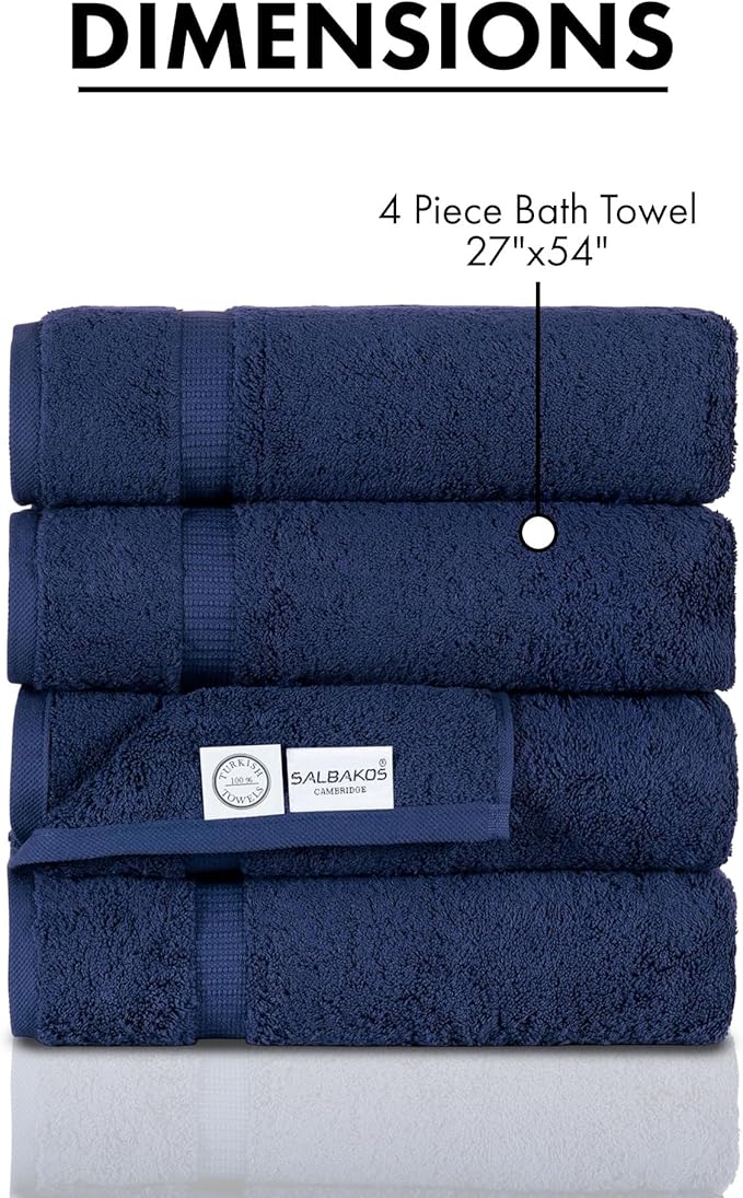 SALBAKOS 100% Turkish Cotton Bath Towel Set of 4 27x54 inch | Heirloom Quality | Hotel & Spa Collection | Ultra Soft, Super Absorbent, Long Lasting Bath Towels | Made in Turkey (Navy, 4 Bath Towels)
