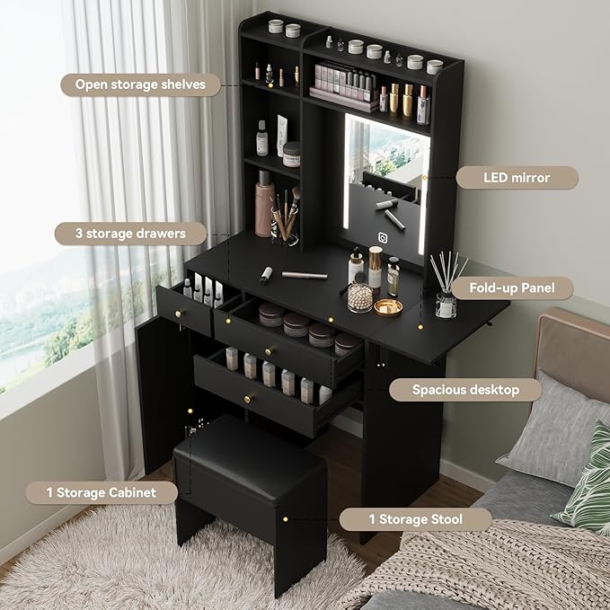 ARTETHYS Vanity Desk with Mirror and Lights Black Makeup Vanities Set with Storage Chair Dressing Table with Drawer and Fold-up Panel for Bedroom
