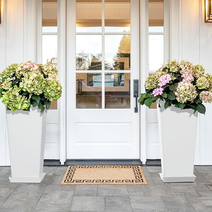 Set of 2 Tall Planters, 24" Large Indoor Outdoor Flower Pots with Tray, Modern Tapered Planters for Porch, Patio, Garden, Backyard(White)