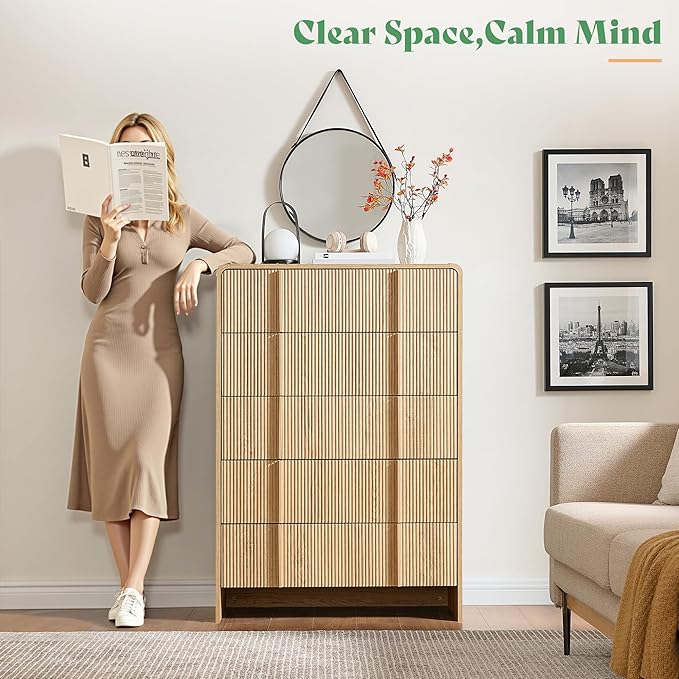 AMERLIFE Fluted 5 Drawer Dresser, 48" Tall Modern Chest of Storage Drawers with Pine Handles, Rounded Corners & Anti-Tip Design, Wood Closet Organizer for Bedroom, Living Room, Nursery, Natural Oak