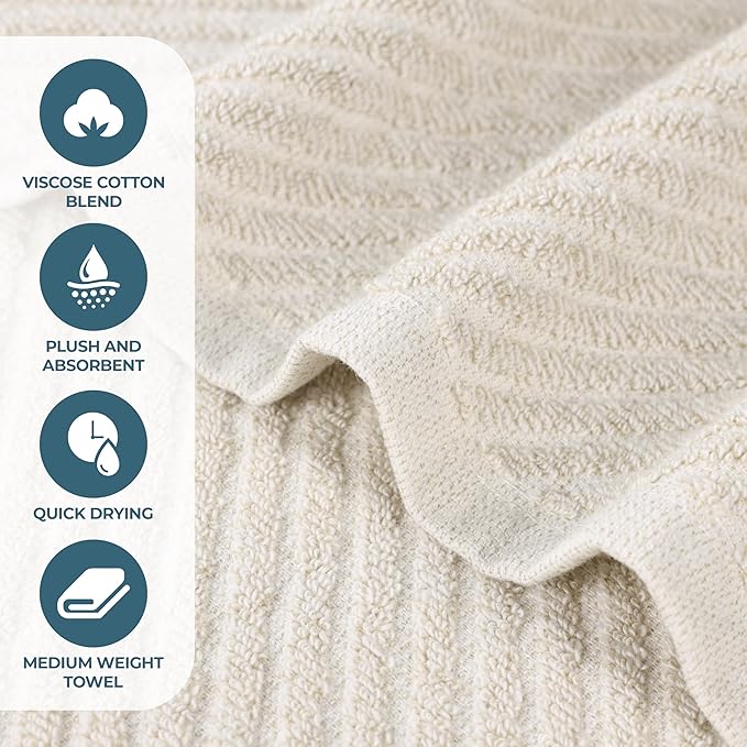 Superior Amelia Viscose Cotton Blend Medium Weight Towels, for Bathroom, Shower, Spa, Plush, Quick Dry, Ultra-Soft Towels, Bath Essentials, Ribbed Design, 12 Piece Assorted Towel Set, Beige