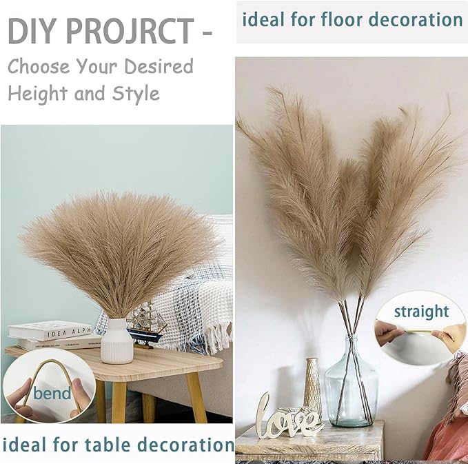 38" 10 Stems Faux Pampas Grass Decor - Tall Pampas Grass for Floor Vase Fluffy Artificial Pampas Grass for Boho Home Wedding Mothers Day Decoration（Brown）