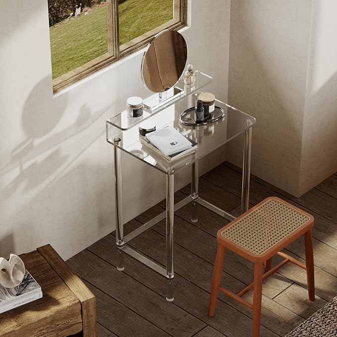 Eglaf Acrylic Small Vanity with Mirror - 23.6'' L x 15.8'' W x 33.9'' H - Modern Makeup Vanity Desk for Small Spaces - Clear Makeup Table Dressing Table, for Bedroom, Cloakroom