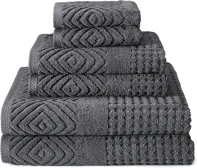 Texere 100% Organic Cotton Diamond Jacquard 700 GSM Luxury Bath Towel Sets - Ultra Soft and Absorbent Hotel Quality, 2 Large Bath Towels, 2 Hand Towels, 2 Washcloths (Diamond, Charcoal, 6 Piece)