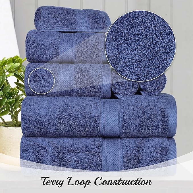 SUPERIOR Egyptian Cotton Pile 9 Piece Towel Set, Includes 3 Bath, 3 Hand, 3 Face Towels/Washcloths, Ultra Soft Luxury Towels, Thick Plush Essentials, Guest Bath, Spa, Hotel Bathroom, Navy Blue