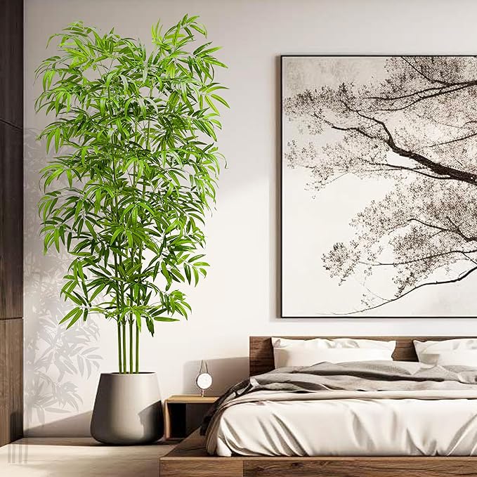 Artificial Tree Fake Plants, Artificial Bamboo Tree 7FT Tall in White Potted, Artificial Tree Indoor Decor Bamboo Silk Tree with Natural Wood Trunk, for Home Office Living Room Modern