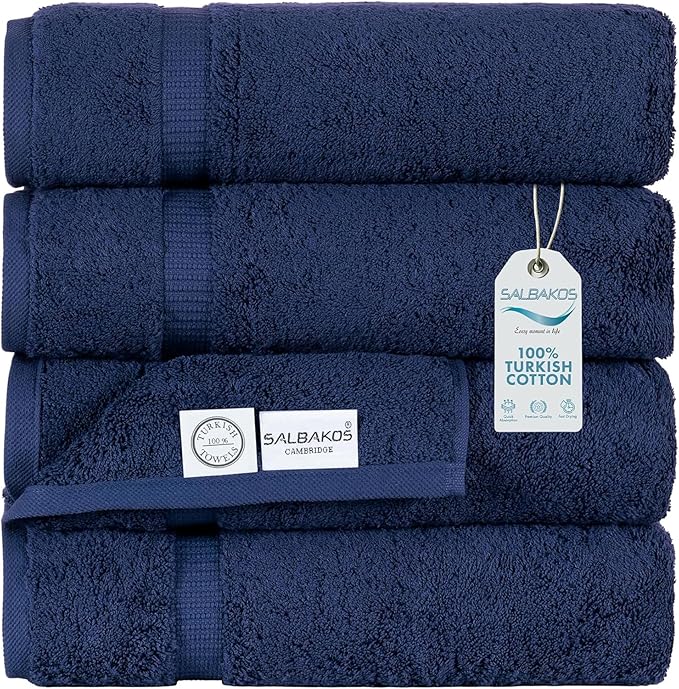 SALBAKOS 100% Turkish Cotton Bath Towel Set of 4 27x54 inch | Heirloom Quality | Hotel & Spa Collection | Ultra Soft, Super Absorbent, Long Lasting Bath Towels | Made in Turkey (Navy, 4 Bath Towels)