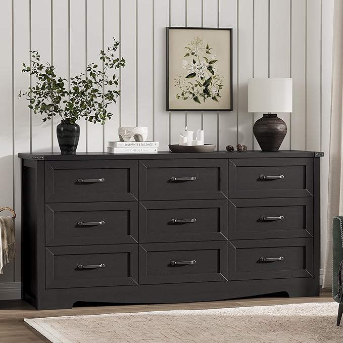 Dresser for Bedroom with 9 Drawers, 59" Wide Modern Chest of Drawers with Deep Drawers & Mental Handle, Wood Dresser TV Stand, Wooden Closet Storage Organizer for Living Room, Hallway, Entryway, Black