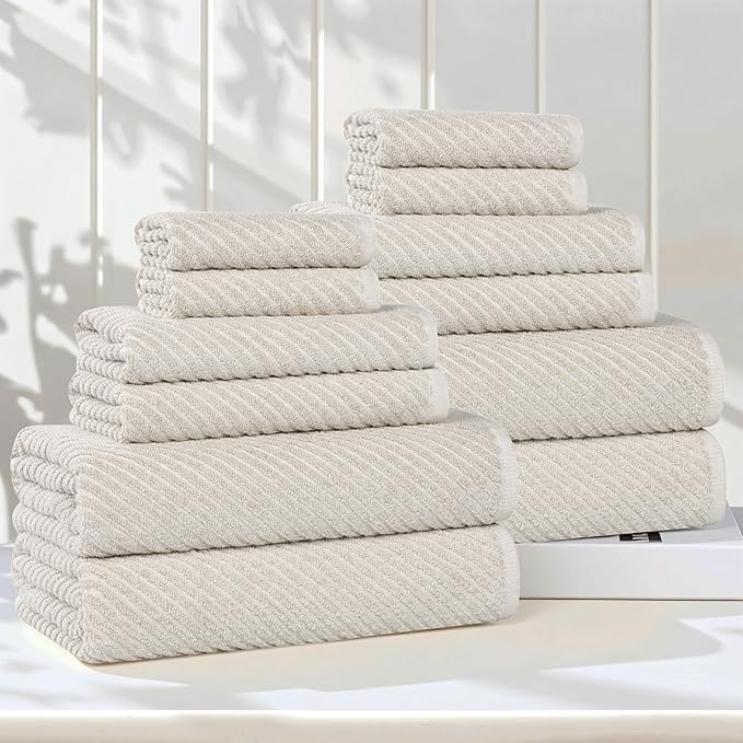 Superior Amelia Viscose Cotton Blend Medium Weight Towels, for Bathroom, Shower, Spa, Plush, Quick Dry, Ultra-Soft Towels, Bath Essentials, Ribbed Design, 12 Piece Assorted Towel Set, Beige