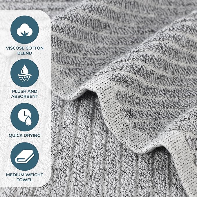Superior Amelia Viscose Cotton Blend Medium Weight Towels, for Kitchen, Bathroom, Shower, Spa, Plush, Quick Dry, Soft Towels, Bath Essentials, Ribbed Design, Absorbent Hand Towels, Set of 6, Charcoal