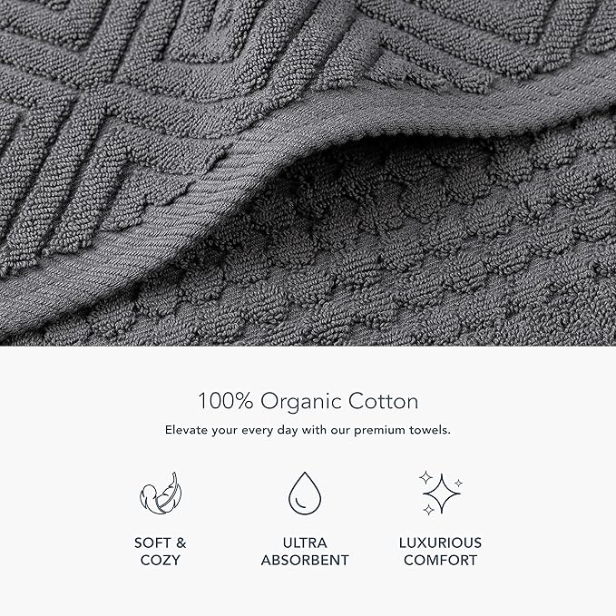 Texere 100% Organic Cotton Diamond Jacquard 700 GSM Luxury Bath Towel Sets - Ultra Soft and Absorbent Hotel Quality, 2 Large Bath Towels, 2 Hand Towels, 2 Washcloths (Diamond, Charcoal, 6 Piece)