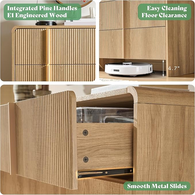 AMERLIFE Fluted 5 Drawer Dresser, 48" Tall Modern Chest of Storage Drawers with Pine Handles, Rounded Corners & Anti-Tip Design, Wood Closet Organizer for Bedroom, Living Room, Nursery, Natural Oak