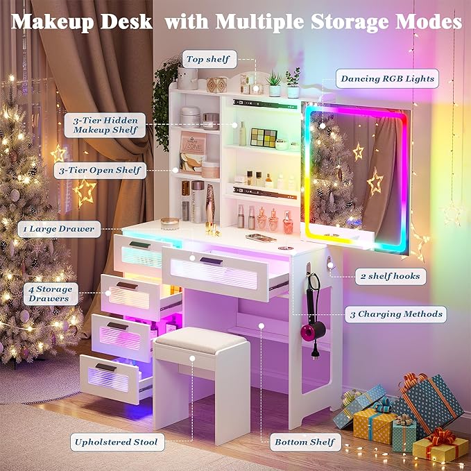 Vanity Desk with Lights and Sliding Mirror, Makeup Vanity Desk with Charging Station, Vanitys Dressing Table with Stool,LED Vanity Set with Large Drawers&Shelves for Bedroom, Decor, White
