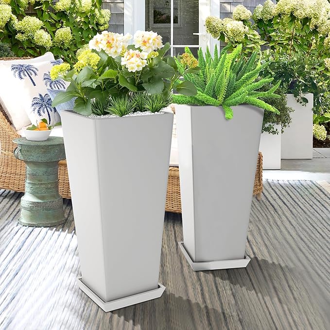 Set of 2 Tall Planters, 24" Large Indoor Outdoor Flower Pots with Tray, Modern Tapered Planters for Porch, Patio, Garden, Backyard(White)