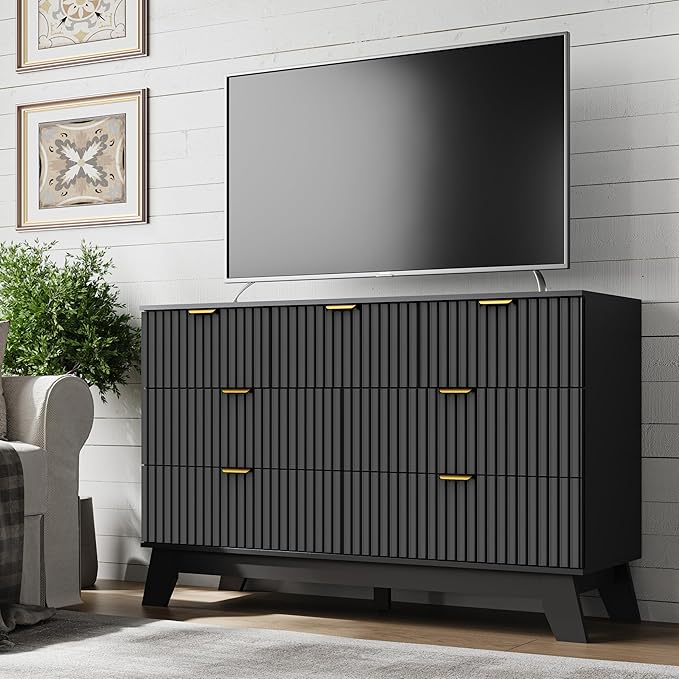 Fluted 7 Drawer Dresser, 47.2" Wide Modern Boho Chest of Drawers, Wooden Storage Dresser TV Stand for Bedroom, Living Room, Closet, Hallway, Curved Profile Design